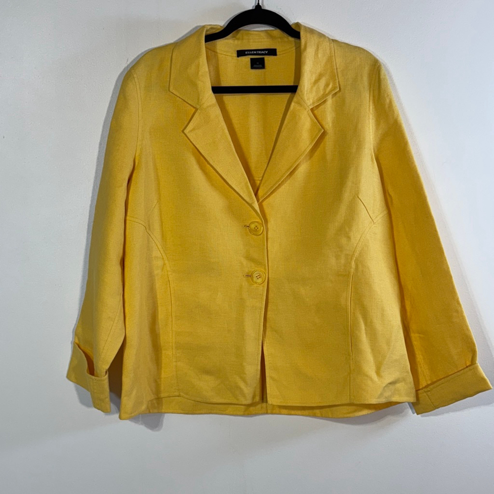 Ellen Tracy Yellow Linen Blazer Jacket Women’s Size 10 Pockets Two Buttons
